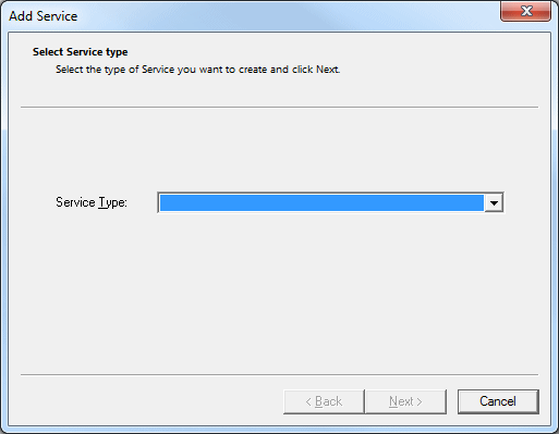 The Select Service type window with a drop-down list to choose the type of service to create