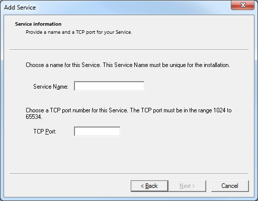 The Add Service: Service information window with fields to enter service name and TCP port