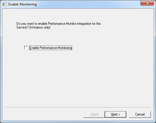 The Enable Monitoring window, with a check box option to enable performance monitoring.