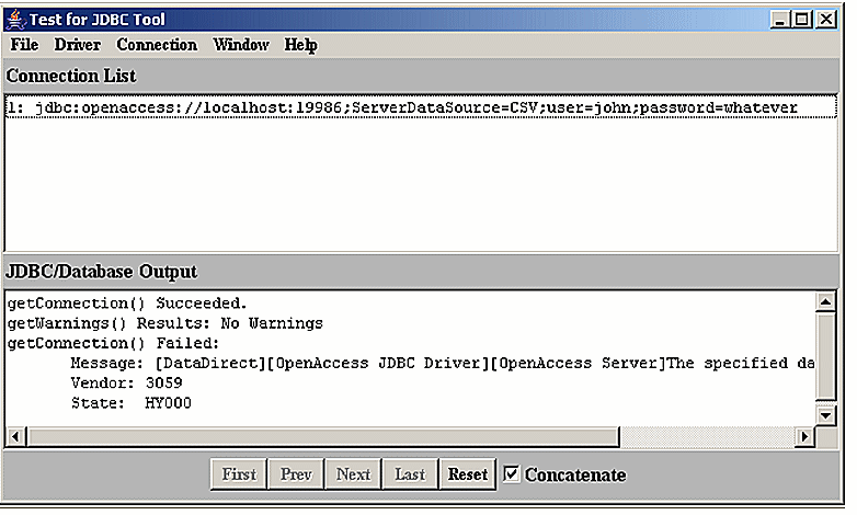 JDBCTest window with the getConnection() Failed: message in the JDBC/Database Output scroll box