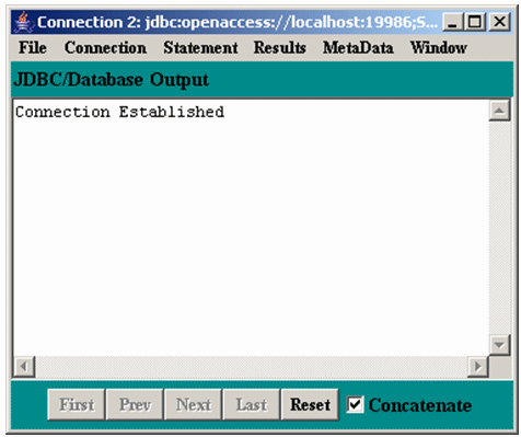 Connection window showing the Connection Established message in the JDBC/Database Output scroll box