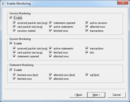 The Enable Monitoring window, with options to define the types of service monitoring.