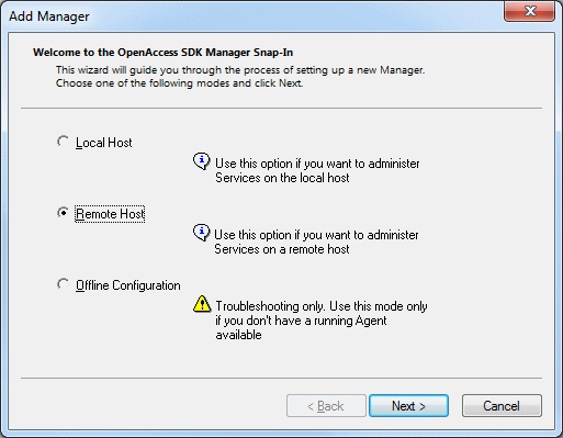 The Add Manager Welcome window, with the Remote Host radio button selected.