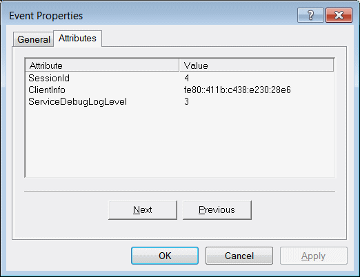 The Event Properties window, showing values for the SessionId, ClientInfo, StatementID, and Statement. The Rows Affected and Ret Code values are 0.