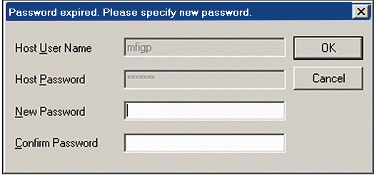 Dialog box that appears when ServiceAuthMethods=OSLogon(HUID,HPWD,NPWD) or ServiceAuthMethods=OSLogon(UID,PWD,NPWD) and the password is expired