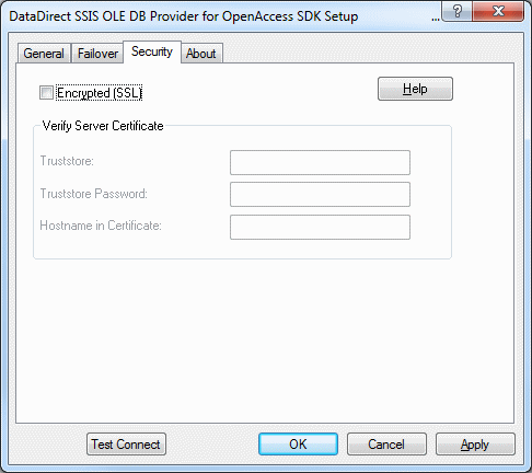 Security tab of the OpenAccess SDK ADO Setup dialog box.