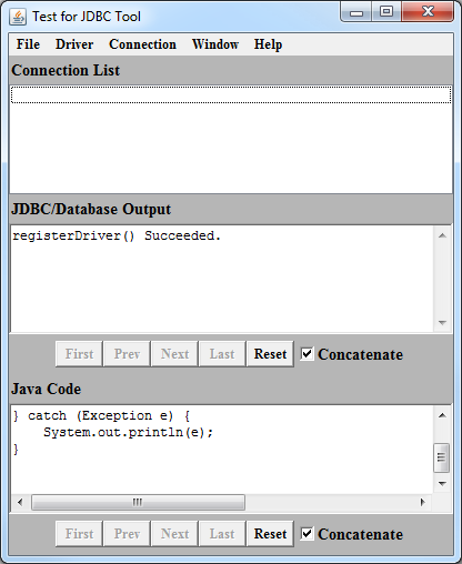 Main JDBCTest window with a confirmation message in the JDBC/Database Output scroll box