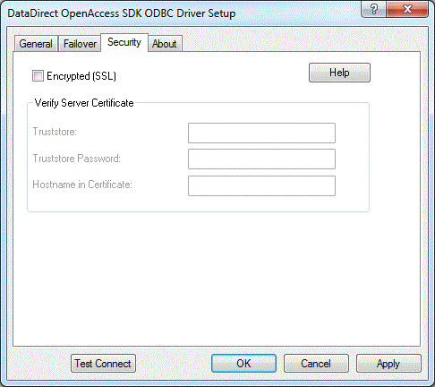 Security tab of the OpenAccess SDK ODBC Setup dialog box.