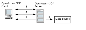 The OpenAccess SDK Client connects to the OpenAccess SDK Server, which connects to the database. The OpenAccess SDK Server does not communicate with the database until the Client has been authenticated.