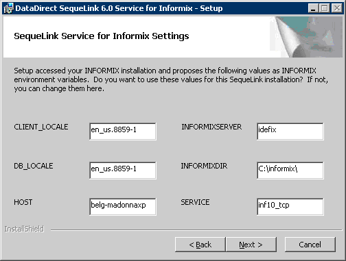 The Informix Server Settings window