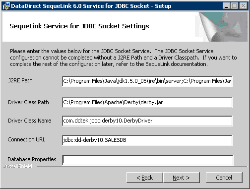 The SequeLink Server for JDBC Socket Settings window prompts you to provide connection information. If you leave the optional fields blank, you must supply the information by configuring the appropriate service attributes.