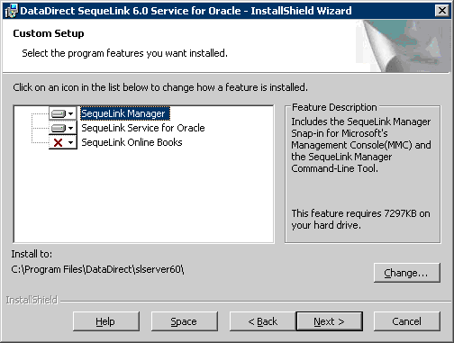 The SequeLink Server Custom Setup Installation Guide window. SequeLink Manager and SequeLink Server for Oracle are selected.