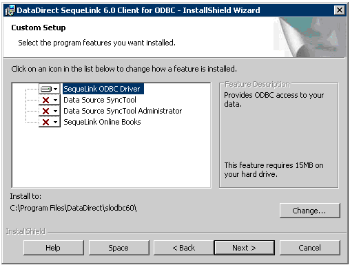 The SequeLink Client for ODBC Custom Setup window